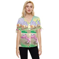 Kids Mural Cartoon Dinosaur Bow Sleeve Button Up Top by nateshop