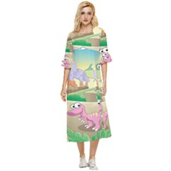 Kids Mural Cartoon Dinosaur Double Cuff Midi Dress by nateshop