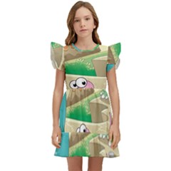 Kids Mural Cartoon Dinosaur Kids  Winged Sleeve Dress by nateshop