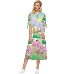 Kids Mural Cartoon Dinosaur Bow Sleeve Chiffon Midi Dress by nateshop