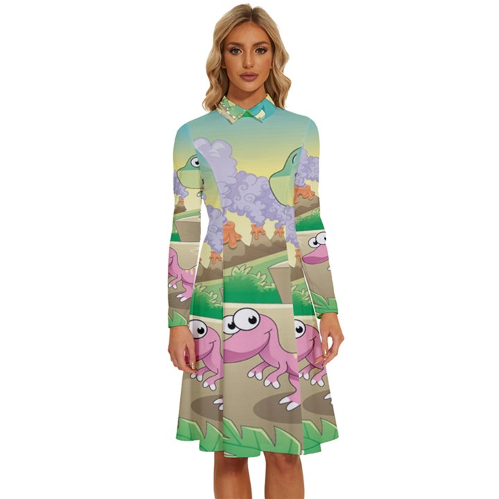 Kids Mural Cartoon Dinosaur Long Sleeve Shirt Collar A-Line Dress