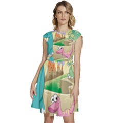 Kids Mural Cartoon Dinosaur Cap Sleeve High Waist Dress by nateshop