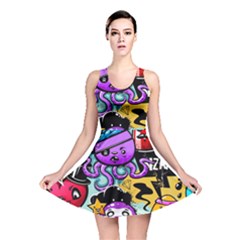 Cartoon Graffiti, Art, Black, Colorful Reversible Skater Dress by nateshop