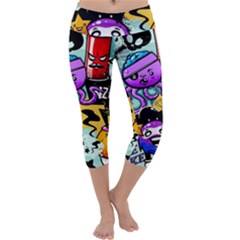 Cartoon Graffiti, Art, Black, Colorful Capri Yoga Leggings