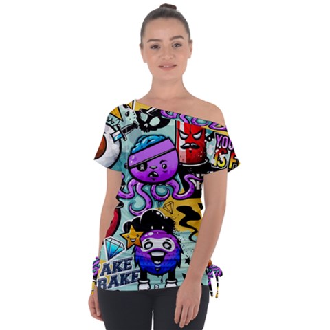 Cartoon Graffiti, Art, Black, Colorful Off Shoulder Tie-up T-shirt by nateshop