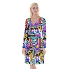 Cartoon Graffiti, Art, Black, Colorful Long Sleeve Velvet Front Wrap Dress by nateshop