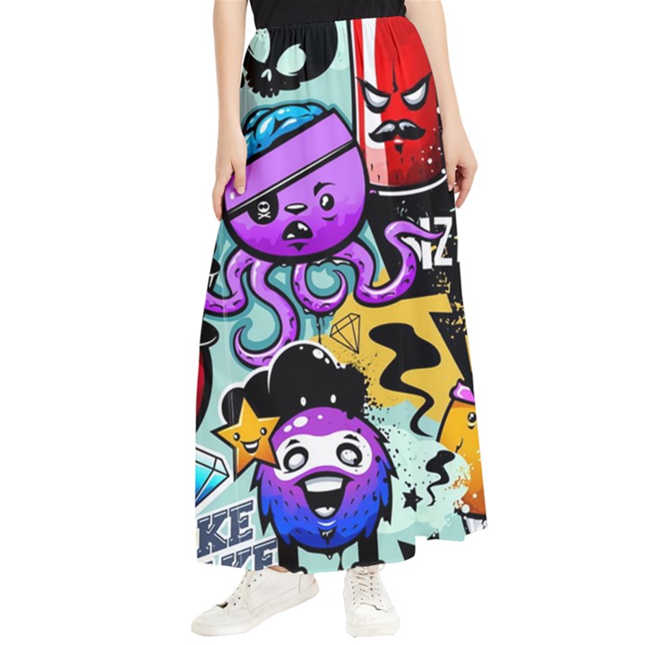 Cartoon Graffiti, Art, Black, Colorful Maxi Chiffon Skirt