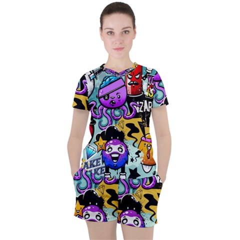 Cartoon Graffiti, Art, Black, Colorful Women s T-shirt And Shorts Set by nateshop