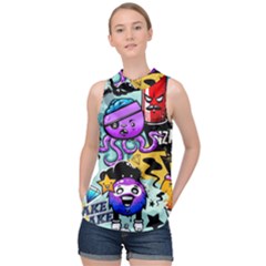 Cartoon Graffiti, Art, Black, Colorful High Neck Satin Top by nateshop