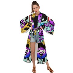 Cartoon Graffiti, Art, Black, Colorful Maxi Kimono by nateshop