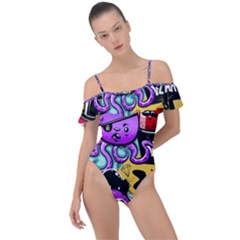 Cartoon Graffiti, Art, Black, Colorful Frill Detail One Piece Swimsuit by nateshop