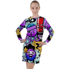 Cartoon Graffiti, Art, Black, Colorful Long Sleeve Hoodie Dress