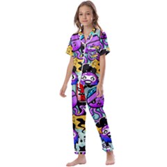 Cartoon Graffiti, Art, Black, Colorful Kids  Satin Short Sleeve Pajamas Set