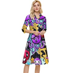 Cartoon Graffiti, Art, Black, Colorful Classy Knee Length Dress by nateshop