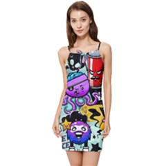 Cartoon Graffiti, Art, Black, Colorful Summer Tie Front Dress by nateshop