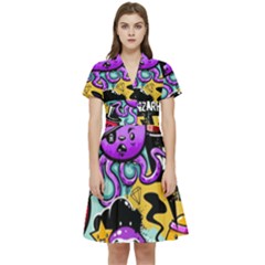 Cartoon Graffiti, Art, Black, Colorful Short Sleeve Waist Detail Dress by nateshop