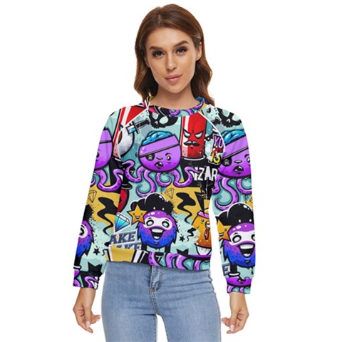 Cartoon Graffiti, Art, Black, Colorful Women s Long Sleeve Raglan T-shirt by nateshop