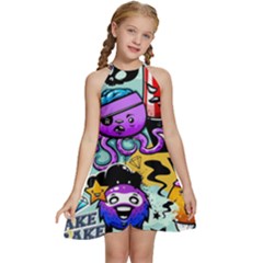 Cartoon Graffiti, Art, Black, Colorful Kids  Halter Collar Waist Tie Chiffon Dress by nateshop