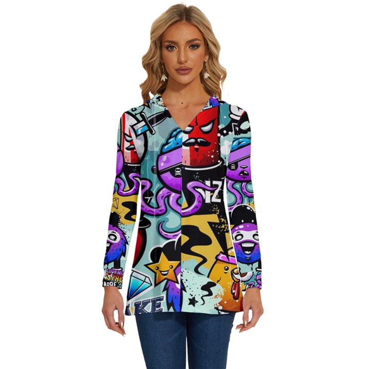 Cartoon Graffiti, Art, Black, Colorful Long Sleeve Drawstring Hooded Top