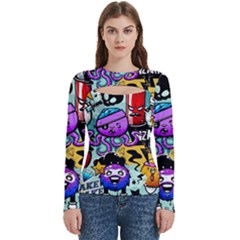 Cartoon Graffiti, Art, Black, Colorful Women s Cut Out Long Sleeve T-shirt