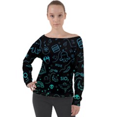 Cartoon, Skull, Dark, Dead Off Shoulder Long Sleeve Velour Top by nateshop