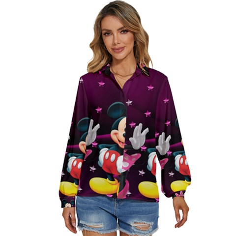 Cartoons, Disney, Mickey Mouse, Minnie Women s Long Sleeve Button Up Shirt by nateshop