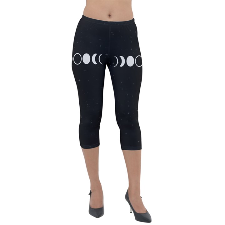 Moon Phases, Eclipse, Black Lightweight Velour Capri Leggings 