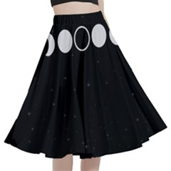 Moon Phases, Eclipse, Black A-line Full Circle Midi Skirt With Pocket