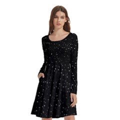 Simple Starry Sky, Alone, Black, Dark, Nature Long Sleeve Knee Length Skater Dress With Pockets by nateshop