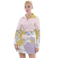 Geometric , Geometric, Gold, Marble, Pattern, Pink, Purple, Women s Long Sleeve Casual Dress