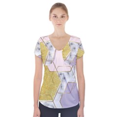 Geometric , Geometric, Gold, Marble, Pattern, Pink, Purple, Short Sleeve Front Detail Top by nateshop