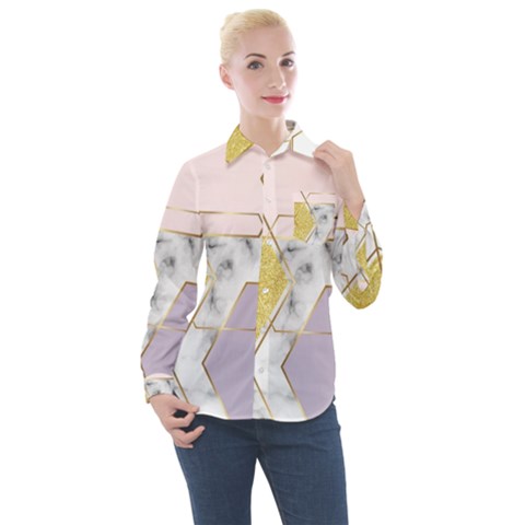 Geometric , Geometric, Gold, Marble, Pattern, Pink, Purple, Women s Long Sleeve Pocket Shirt by nateshop