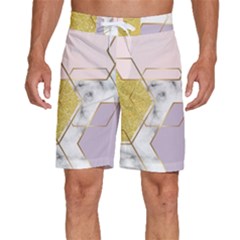 Geometric , Geometric, Gold, Marble, Pattern, Pink, Purple, Men s Beach Shorts