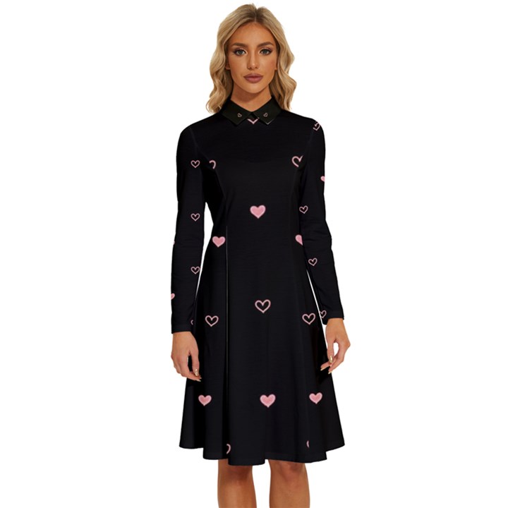 Heart, Background Long Sleeve Shirt Collar A-Line Dress