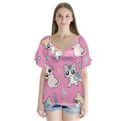 Cute Animal Little Cat Seamless Pattern V-neck Flutter Sleeve Top by Cemarart