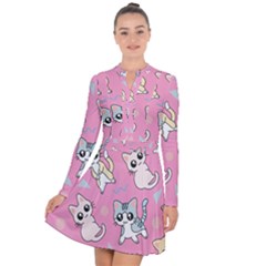 Cute Animal Little Cat Seamless Pattern Long Sleeve Panel Dress by Cemarart