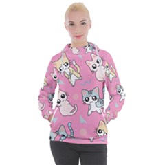 Cute Animal Little Cat Seamless Pattern Women s Hooded Pullover by Cemarart