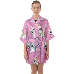 Cute Animal Little Cat Seamless Pattern Half Sleeve Satin Kimono  by Cemarart