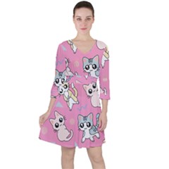 Cute Animal Little Cat Seamless Pattern Quarter Sleeve Ruffle Waist Dress by Cemarart