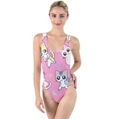 Cute Animal Little Cat Seamless Pattern High Leg Strappy Swimsuit by Cemarart