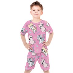 Cute Animal Little Cat Seamless Pattern Kids  T-shirt And Shorts Set by Cemarart