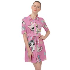 Cute Animal Little Cat Seamless Pattern Belted Shirt Dress by Cemarart