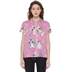 Cute Animal Little Cat Seamless Pattern Short Sleeve Pocket Shirt by Cemarart