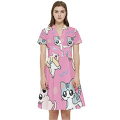 Cute Animal Little Cat Seamless Pattern Short Sleeve Waist Detail Dress by Cemarart