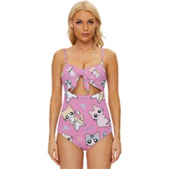 Cute Animal Little Cat Seamless Pattern Knot Front One-piece Swimsuit by Cemarart