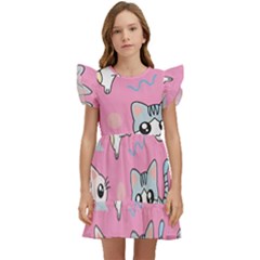 Cute Animal Little Cat Seamless Pattern Kids  Winged Sleeve Dress by Cemarart