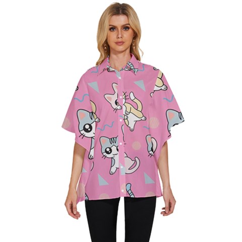 Cute Animal Little Cat Seamless Pattern Women s Batwing Button Up Shirt by Cemarart