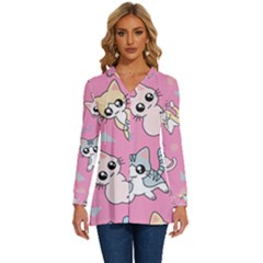 Cute Animal Little Cat Seamless Pattern Long Sleeve Drawstring Hooded Top by Cemarart