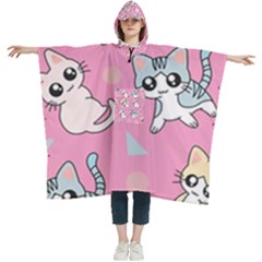 Cute Animal Little Cat Seamless Pattern Women s Hooded Rain Ponchos by Cemarart