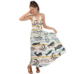 Seamless Vector Pattern With Little Cute Fish Cartoon Backless Maxi Beach Dress by Cemarart